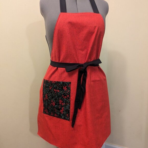 NWT Handmade Reversible Apron - Christmas holly and red grain - One Size - OOAK - Picture 3 of 4